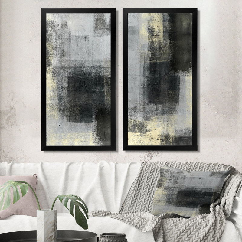 «Gray and Beige Modern Art», ensemble de 2 peintures sur toiles, H 40 po x l 40 po x P 1 po, Cadre photo noir