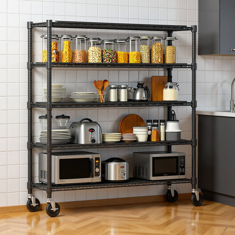 Étagère robuste en fil de métal avec roulettes, capacité de 800 lb, support de rangement de garage réglable, Noir satiné