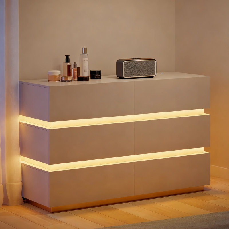 Modern 6 Drawer Double Dresser with LED Lights and Built-in Charging Station, 47" Wide White Dresser with USB & Type-C Ports for Bedroom