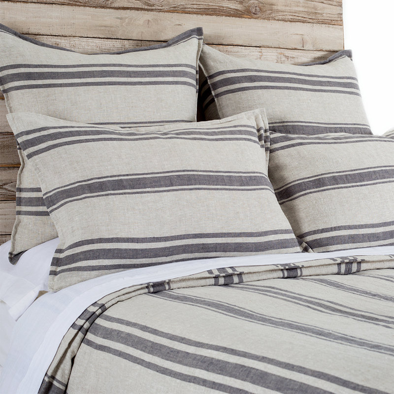 Jackson Striped Linen Duvet Cover, Queen Duvet Cover, Flax/Midnight