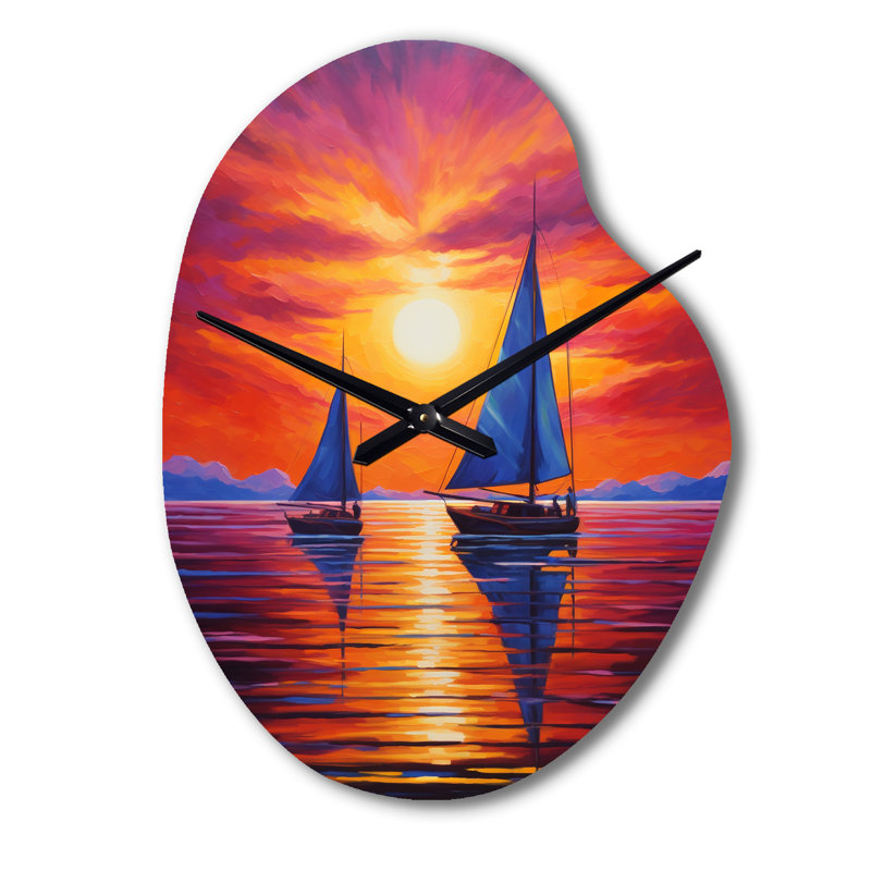 Voilier au coucher du soleil - horloge murale en forme de bateau, impression d'horloge murale asymétrique moderne, Grand