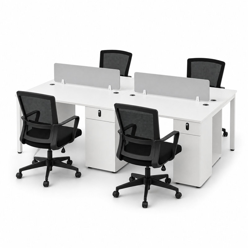 Ensemble de bureau moderne pour 4 personnes avec 4 chaises de bureau ergonomiques, armoires verrouillables et cloisons d'intimité, bureau à cloisons blanc