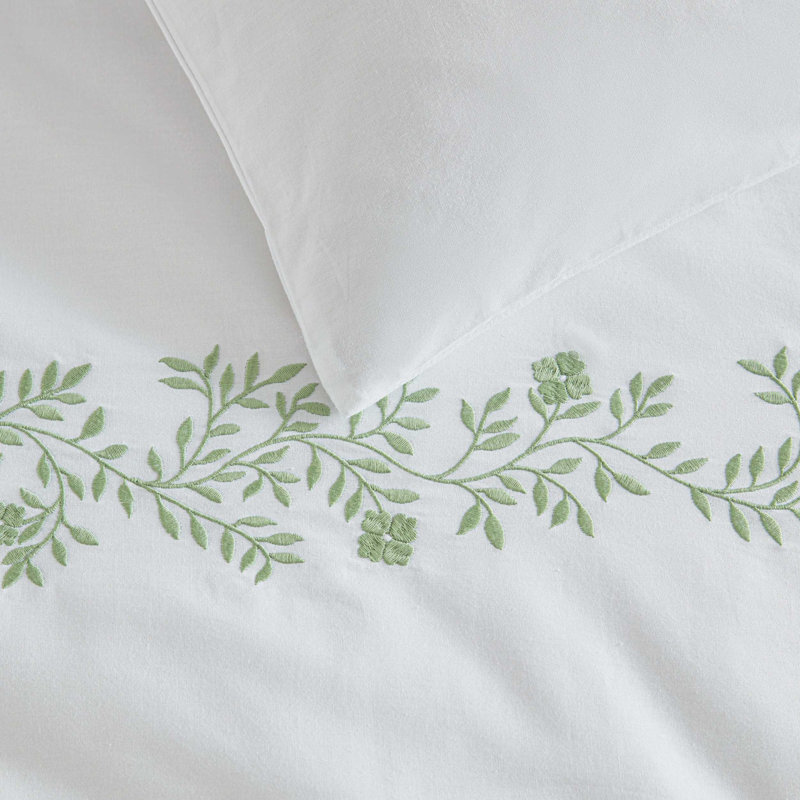 Martha Stewart Garden Path Embroidery Cotton Green Comforter Set, Queen Comforter + 2 Standard Shams, Green Floral