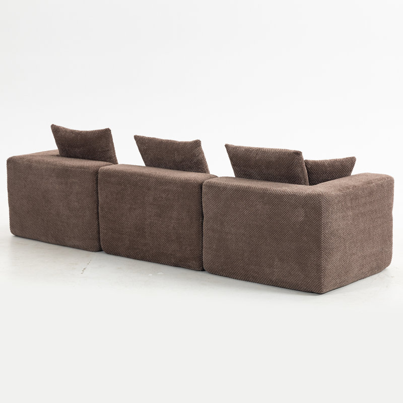 Oversized Modular Deep-Seat Sofa, 3-Piece All-Foam Sectional Couch In Soft Textured Fabric, Tool-Free Assembly, Apartment-Friendly Low Profile, 111" × 37" × 23.6"-Brown