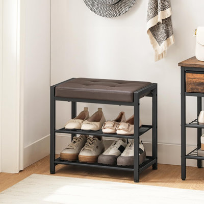 Petit banc de rangement à chaussures à 3 niveaux avec coussin de siège en polyuréthane, banc de rangement pour chaussures avec étagères en métal