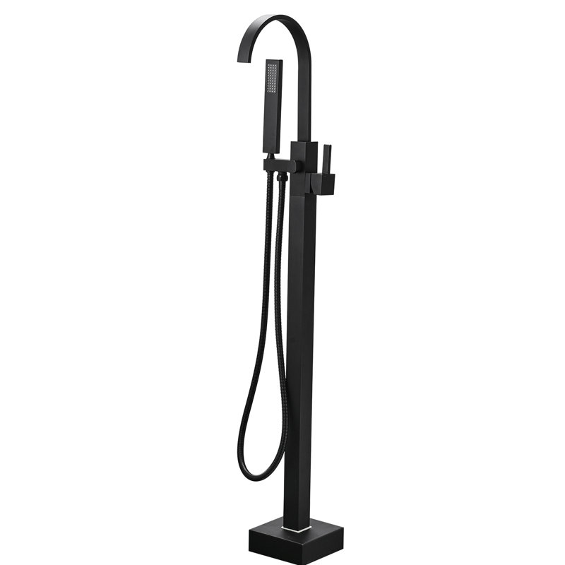 Robinet de baignoire à fixation au sol en laiton avec douche à main et design attrayant - baignoire noire matte