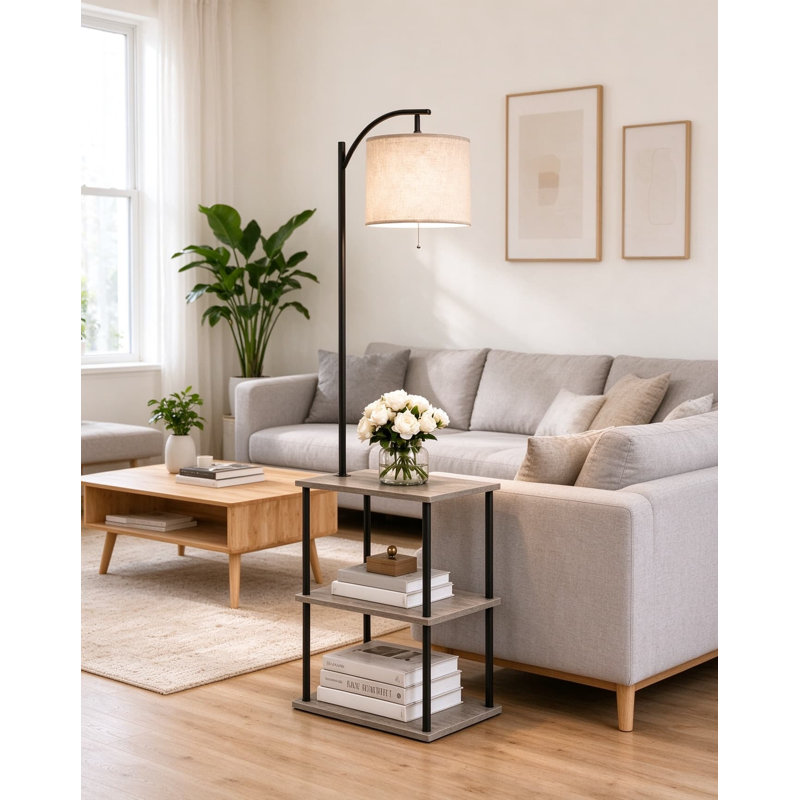 Floor Lamp with Table and Shelves, Side Table with Adjustable Linen Shade and LED Bulb, Multifunctional Shelf Lamp for Living Room, Bedroom, and Office
