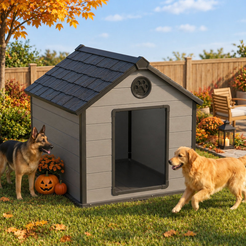 Grande niche pour chien d'extérieur 42,17 po avec plancher surélevé et résistant aux intempéries (noir et gris)