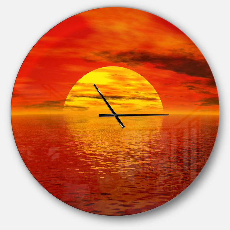Soleil tombant sur l'océan jaune - horloge murale moderne, Surdimensionné