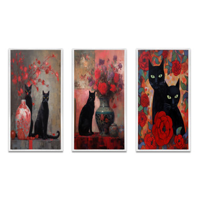 Black Cat Next Vase With Red Flowers Painting - Animals Cat Art Set Of 3 Pieces