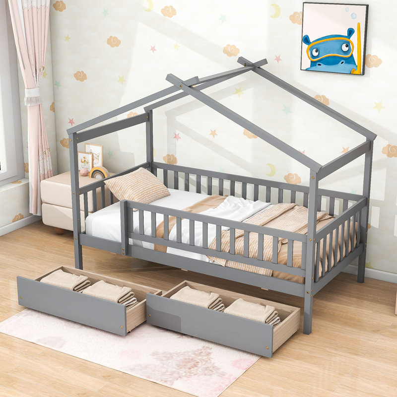 Lit de maison avec tiroirs de rangement et toit Ansam, Simple, Gris