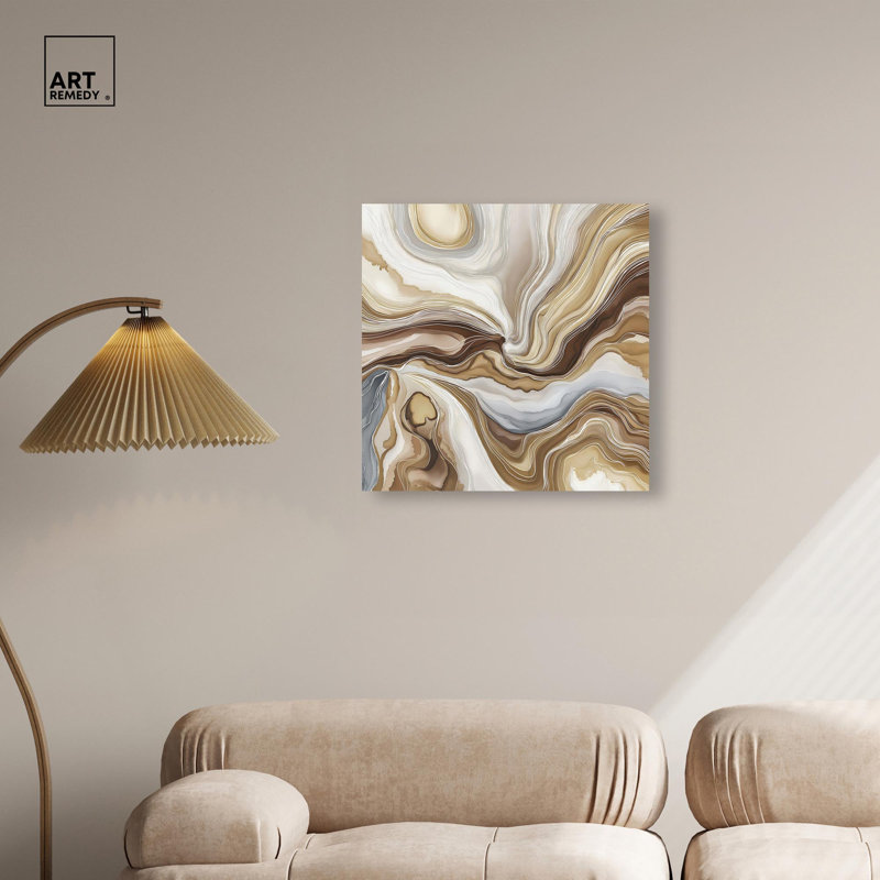 Impression sur toile « Viscous Flow I » - Décoration murale bohème dorée par Art Remedy, cadre noir, 30 x 30 cm