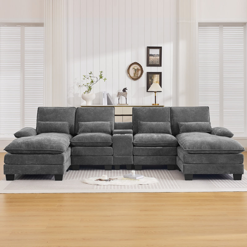 131.5'' U Shaped Sectional Sofa with Chaise Lounges, Storage Console, USB Charging Ports, Cup Holders, Chenille, Oversized