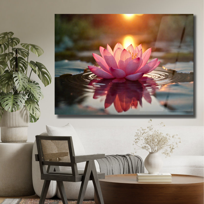 Fleur de lotus rose au coucher du soleil, tableau en verre trempé, H 18 po x l 24 po
