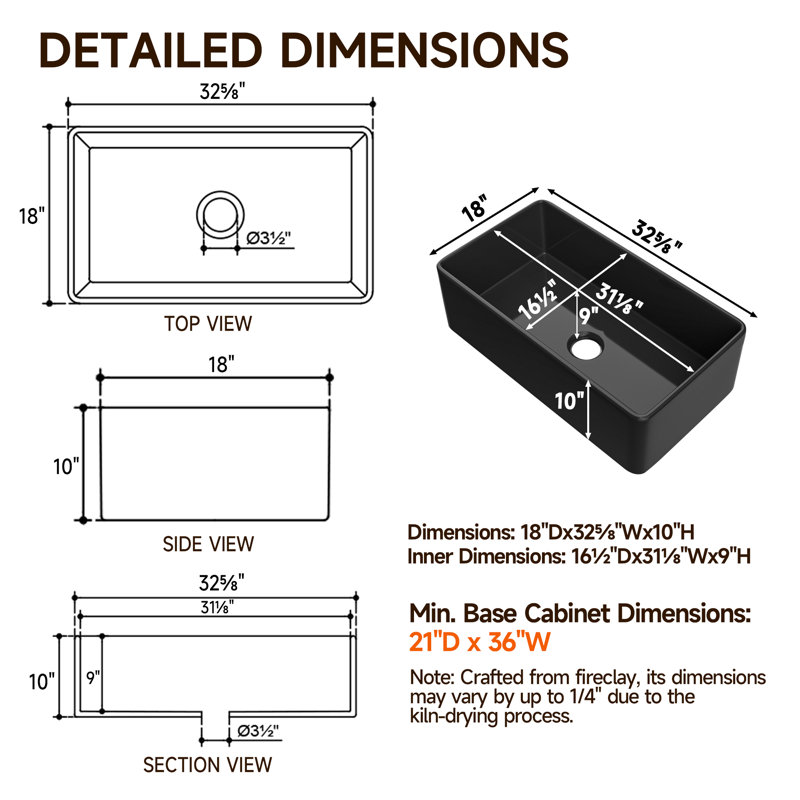 33" L x 18" W Fireclay Apron Front Farmhouse Sink for Kitchen, Single Bowl Black Farm Sink, Included 2 Custom Accessories