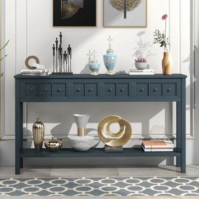 60" Rustic Console Table, 2 Drawers, Bottom Shelf for Entryway - Navy