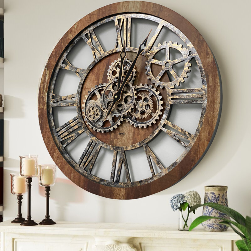 Wall Clock 24" Round Oversized for Living Room decor with Real Moving Gears America Collection, Vintage Brown