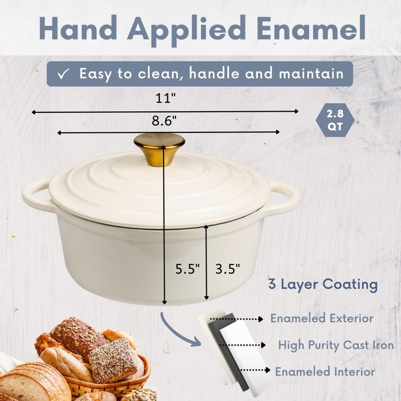 Cream Enameled Cast Iron 2.8 Qt. Dutch Oven with Lid