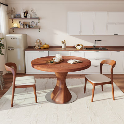 3/5/7 Pcs Modern Round Solid Wood Dining Table Sets With Comfort PU Leather Kitchen Chairs For 2/4/6