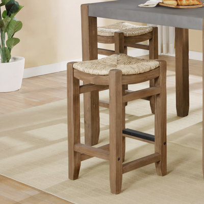 Aston 15" Wide Rustic Industrial Solid Wood Faux Concrete 2 Piece Square Stool Set With Rush Seats
