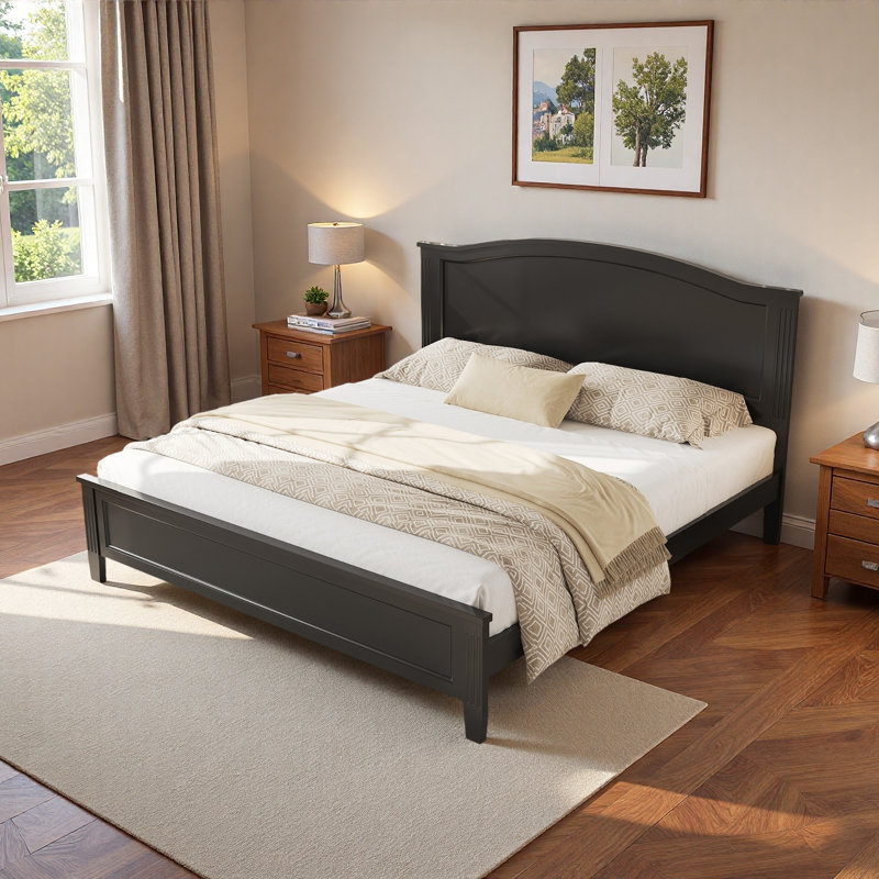 Lit plateforme avec tête de lit courbée et lattes en bois, Full, Black