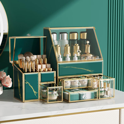 Large Vanity Organizer For Skincare, Lipsticks, Perfume & Brushes,Countertop Cosmetic Storage Box,(Green)