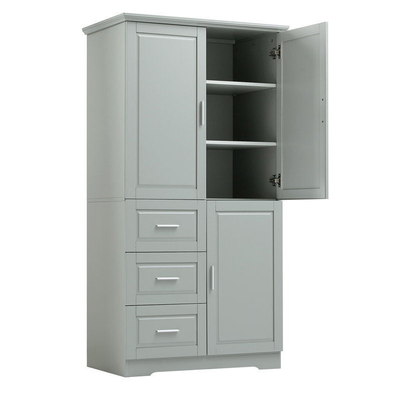 3-Door Grey Storage Cabinet With 3 Drawers For Bathroom/Office. , Waterproof Surface, Adjustable Shelf, Tipping, Quick Setup Achieved Undoubtedly Bathroom/Office, Doors And Drawers. Water-, Easy