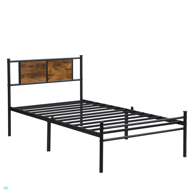 Twin Size Metal Bed Frame With Wood Headboard & 10.8" Storage, No Box Spring Needed, Twin Duplicate, Walnut