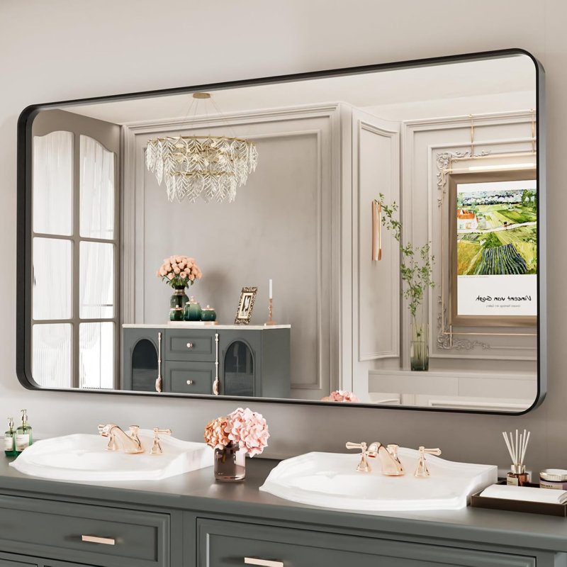 Lunara 1.18" Deep Rounded Corner Rectangular Bathroom Wall Mirror with Premium Tempered Glass & Aluminum Alloy Framed, Black