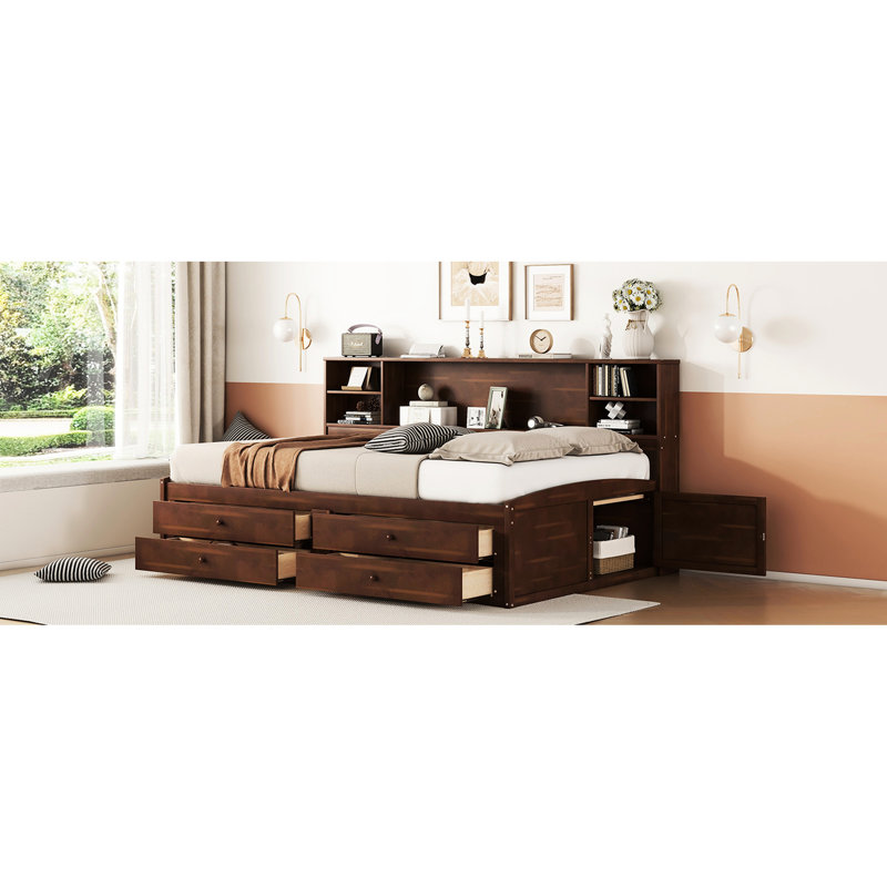 Lit double en bois avec rangement 4, 2 et tablettes intégrées à 4 tiroirs, 2 armoires intégrées