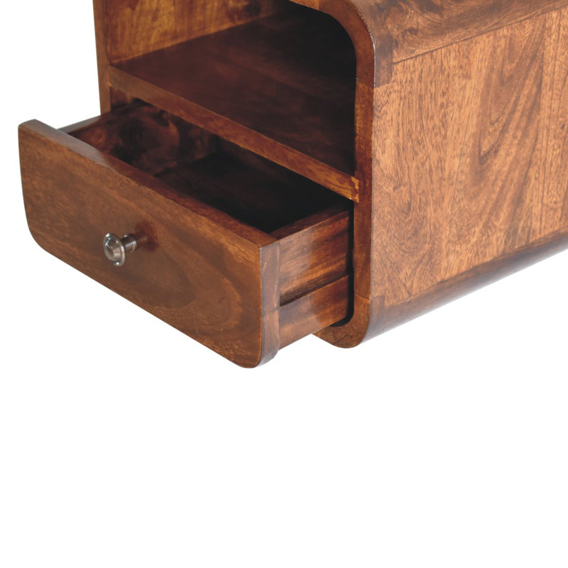Extra Mini Wall Mounted Curved Oak-Ish Bedside With Open Slot, Brown