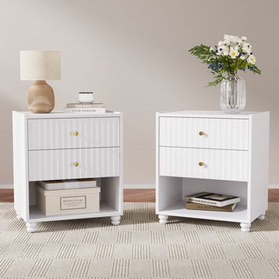 Ensemble de 2 tables de chevet modernes, table de bout cannelée avec tablette ouverte, table de chevet avec 2 tiroirs pour la chambre à coucher