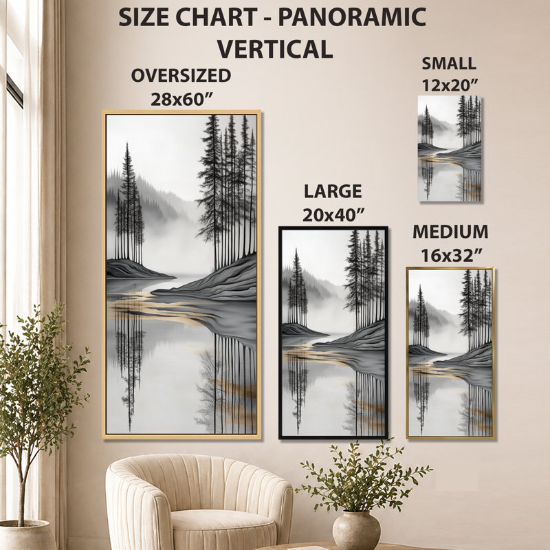 «Gray White Elegant Forest Island View V - Gray Nature», reproduction d'art encadrée sur toile, H 60 po x l 28 po