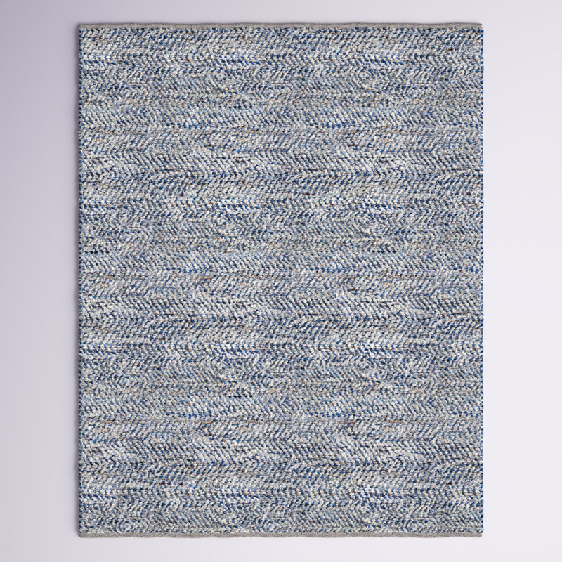 Tapis bleu / ivoire en laine et coton tissé à plat à la main Treece, Rectangle 10 pi x 14 pi
