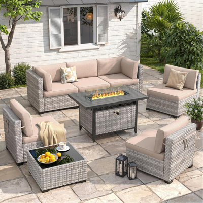 6-Piece Rattan Outdoor Conversation Set with Cushions and Glass Coffee Table & Optional Fire Pittable by Gracie Oaks