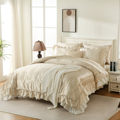 Satin Comforter Set Queen Size with Sheets,Beige Ruffled Bed Comforter 8 Pcs,Silky Satin Bed Sheets Queen Bed in a Bag Sets,Silk Like Satin Luxury Silky Bed Set with 1 Cushion Cover