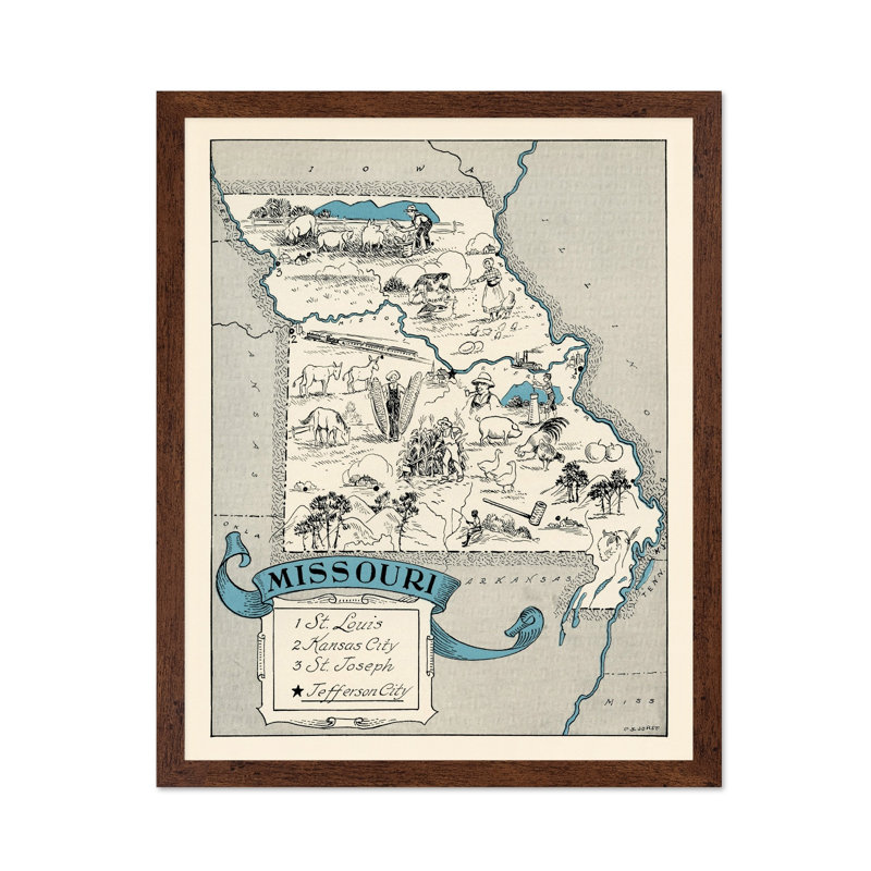 Carte illustrée du Missouri, 11"H x 14"W, Poster, Brown Framed