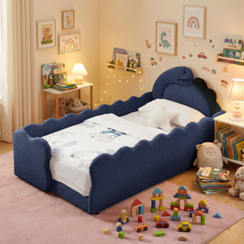 Boucle Upholstered Dinosaur-Shaped Kids Bed With Safety Guardrails And Solid Wood Slat Support, Navy Blue
