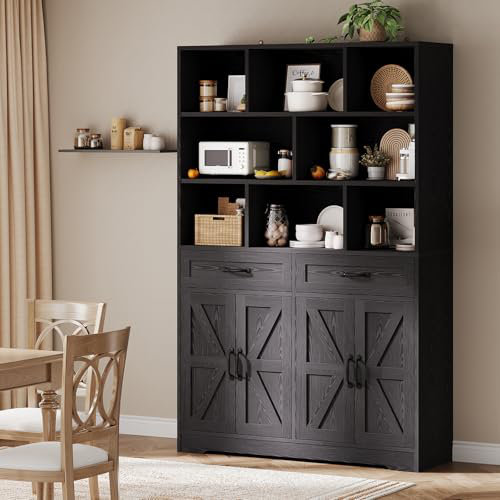71in Tall Bookcase with 2 Drawers & 4 Doors, 6-Tier 47in Wide Large Modern Bookshelf and Bookcase Storage Cabinet, Black