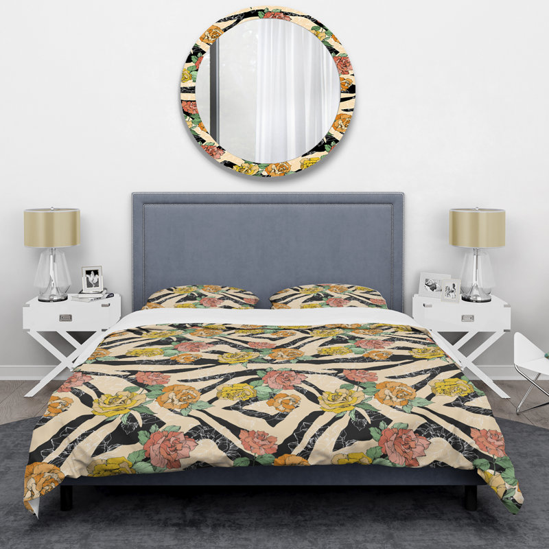 Fleurs rétro et feuilles vertes - ensemble de housse de couette floral - microfibre de polyester