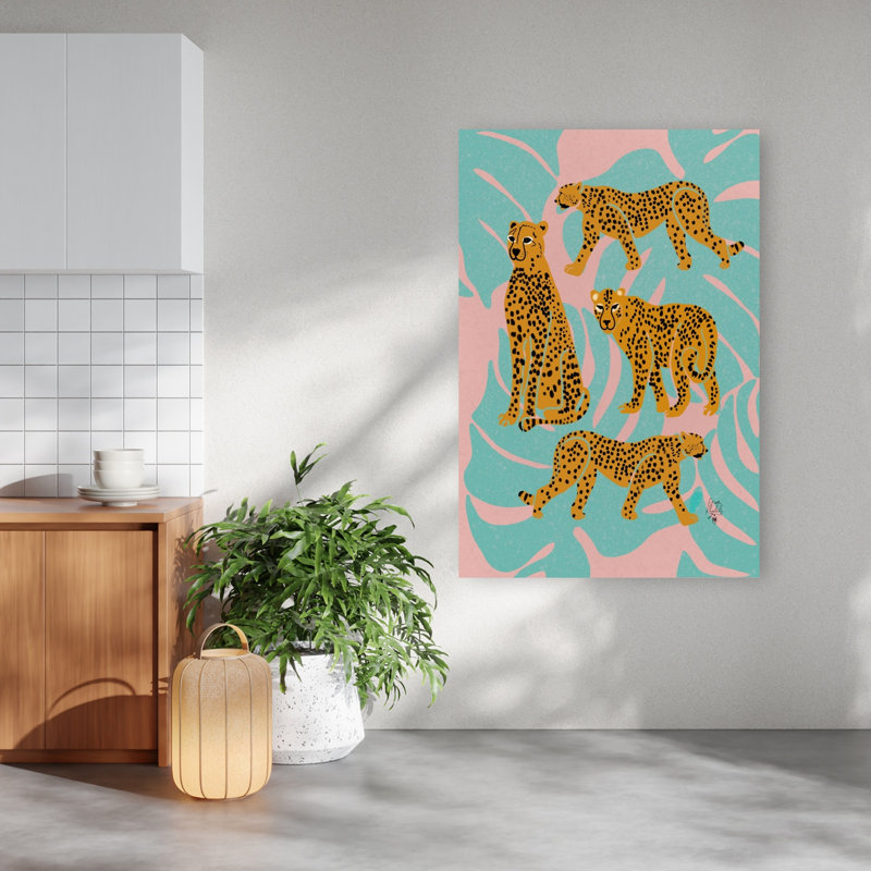 Tropical Cheetah Parade Colorful Playful Contemporary Cat Lion Tiger Nature Tropical Wall Art Print 1 Piece Wrapped Canvas Wall Art