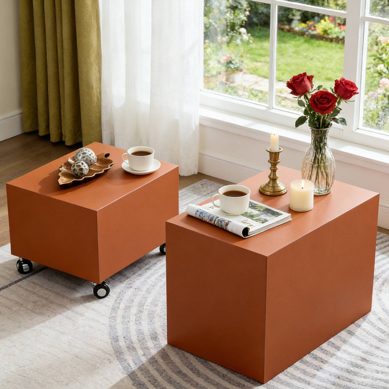Ensemble de tables de selle orange en panneau de fibres à densité moyenne, tables d'appoint roulantes modernes pour un coin-salon