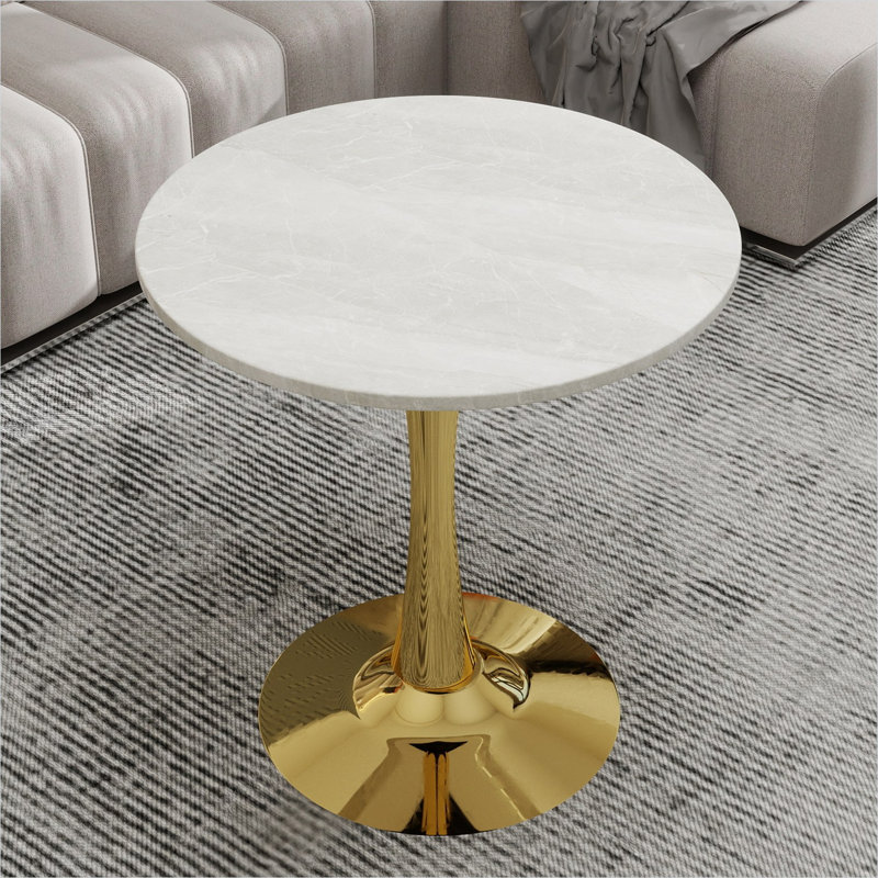 Table de salle à manger ronde avec plateau en marbre et piédestal doré, 2 à 4 places, style Mid-Century moderne pour le salon ou la cuisine