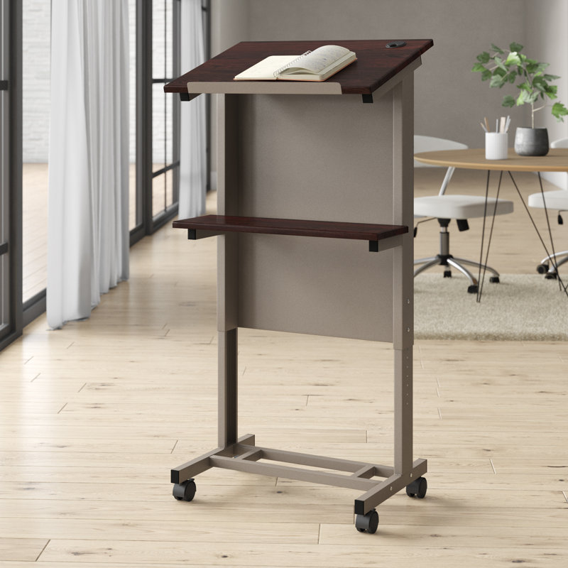 Adjustable Dark Walnut Mobile Lectern with Steel Frame