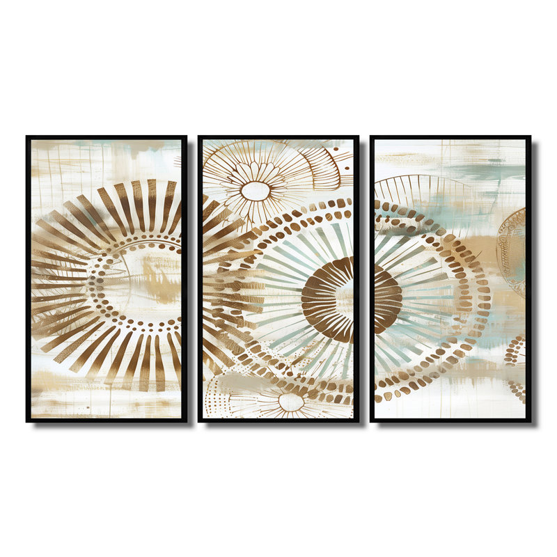 Ensemble de salon art mural beige boho bohémien mandala spirale I - Boho, H 28 po x l 36 po x P 1 po, Cadre flottant noir