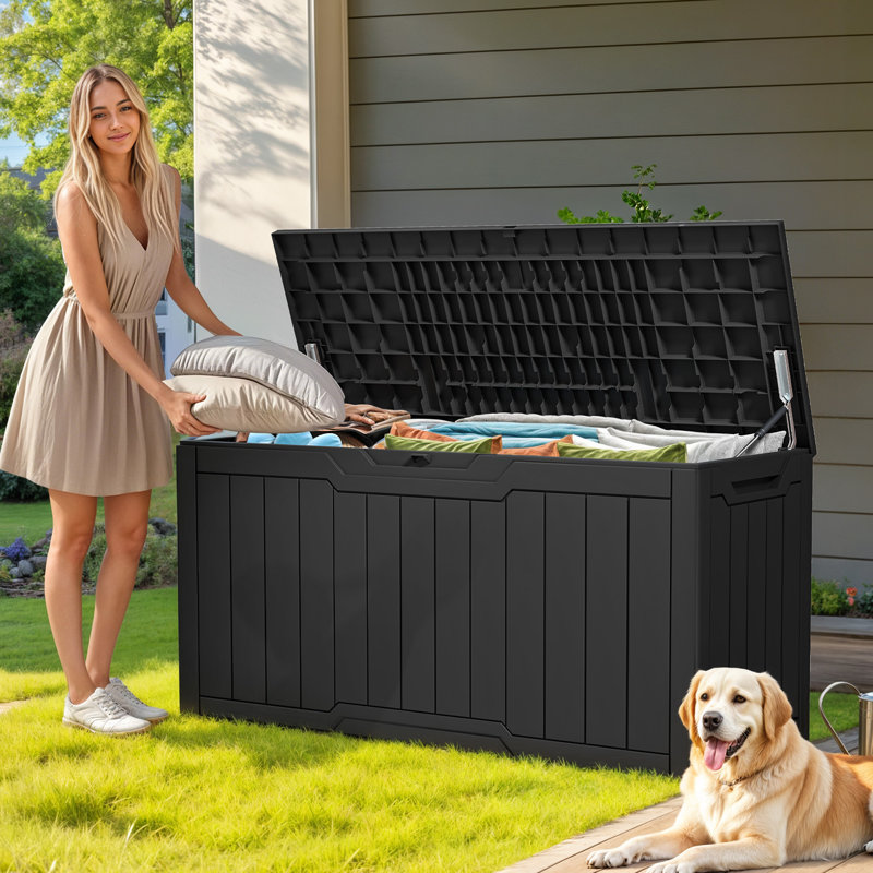 300L Deck Box, Plastic Lockable Garden Storage Box, Black