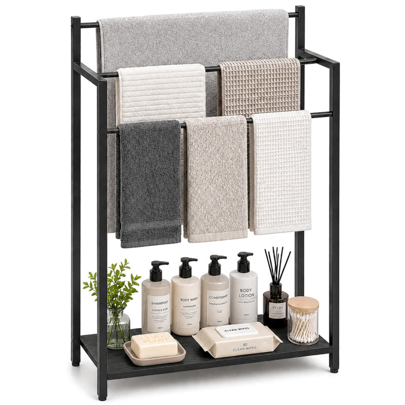 Porte-serviettes échelle échelle 24,8 po à 3 niveaux avec tablette en bois, Black