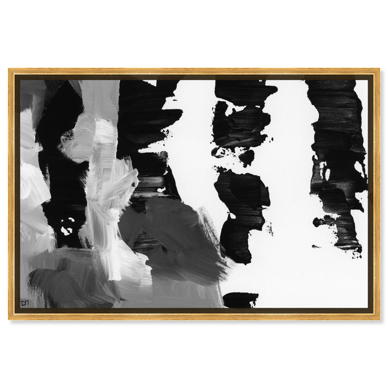 «Pronto Black and White», peinture sur toile, H 36 po x l 54 po, Cadre flottant doré