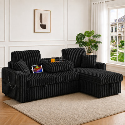 81" Reversible Sleeper Sofa Bed with Storage Chaise, 3-in-1 L-shaped Pull-out Couch Featuring Charging Station, Cup Holder & Side Pocket, Plush Corduroy Upholstery, for Living Room, Apartment