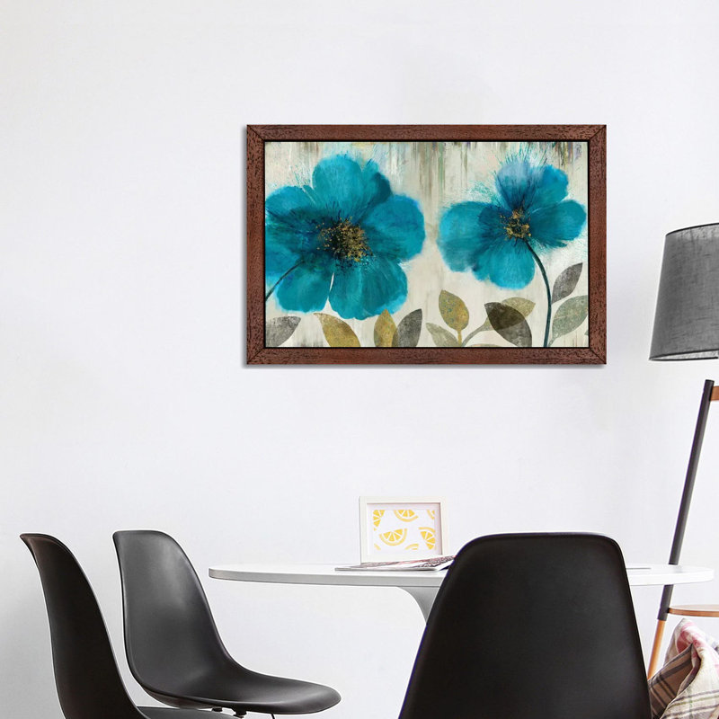 Teal Flowers 1 Piece Painting on Canvas, 101.6 cm H x 66.04 cm W, Brown Floater Frame